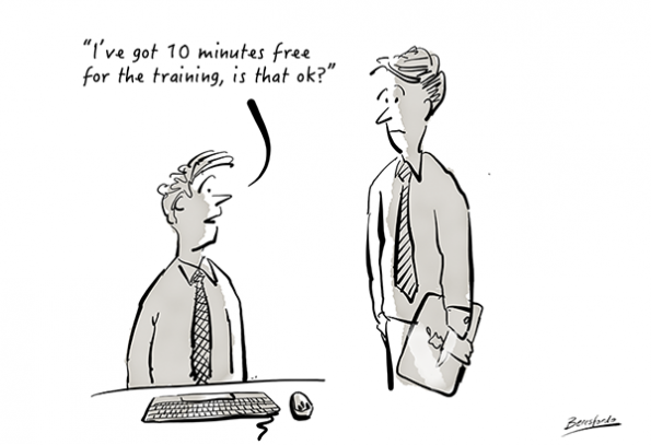 Cartoon showing a guy asking if the training can be done in 10 minutes