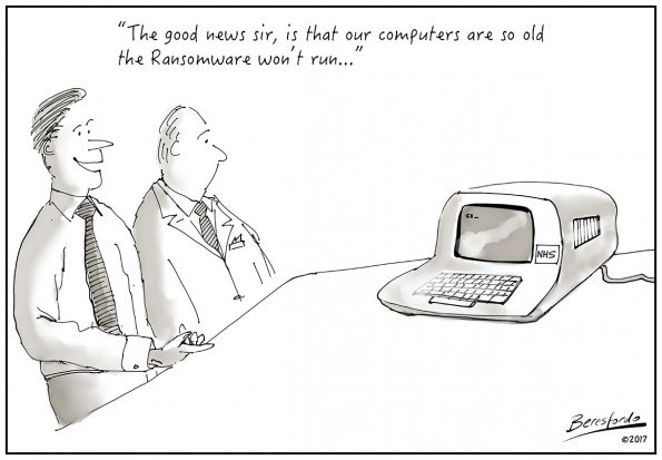 Cartoon about NHS machines being so old they are not affected by Ransomware