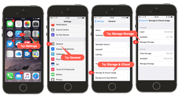 Sequence showing how to check your storage space in iOS