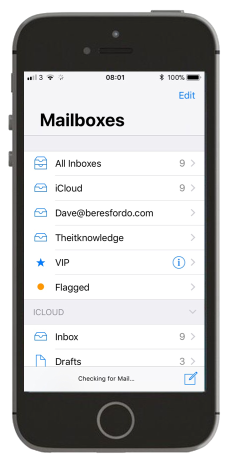 Screenshot of inboxes in mail app on iPhone