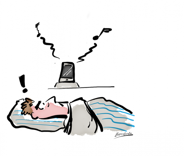 Cartoon showing a guy kept awake by his iPhone