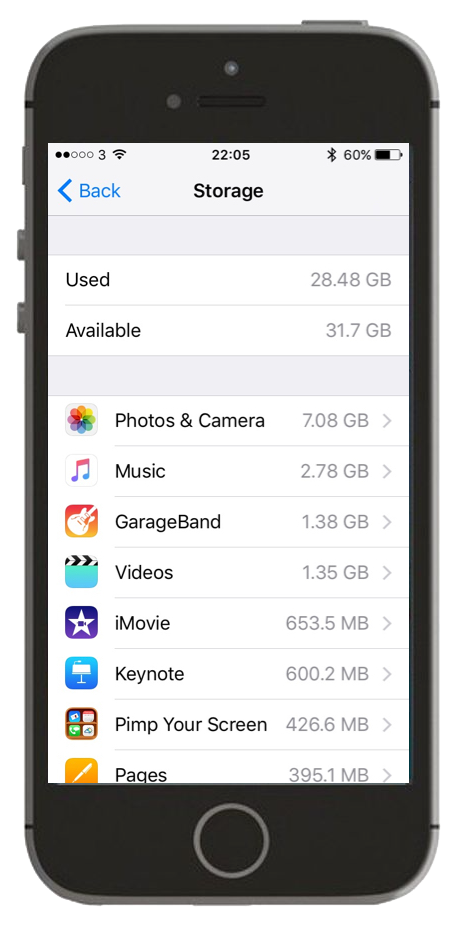 Screenshot showing a breakdown of storage on an iOS device