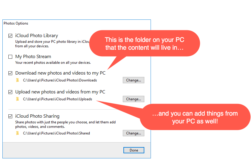 screenshot showing iCloud fro Windows photo options