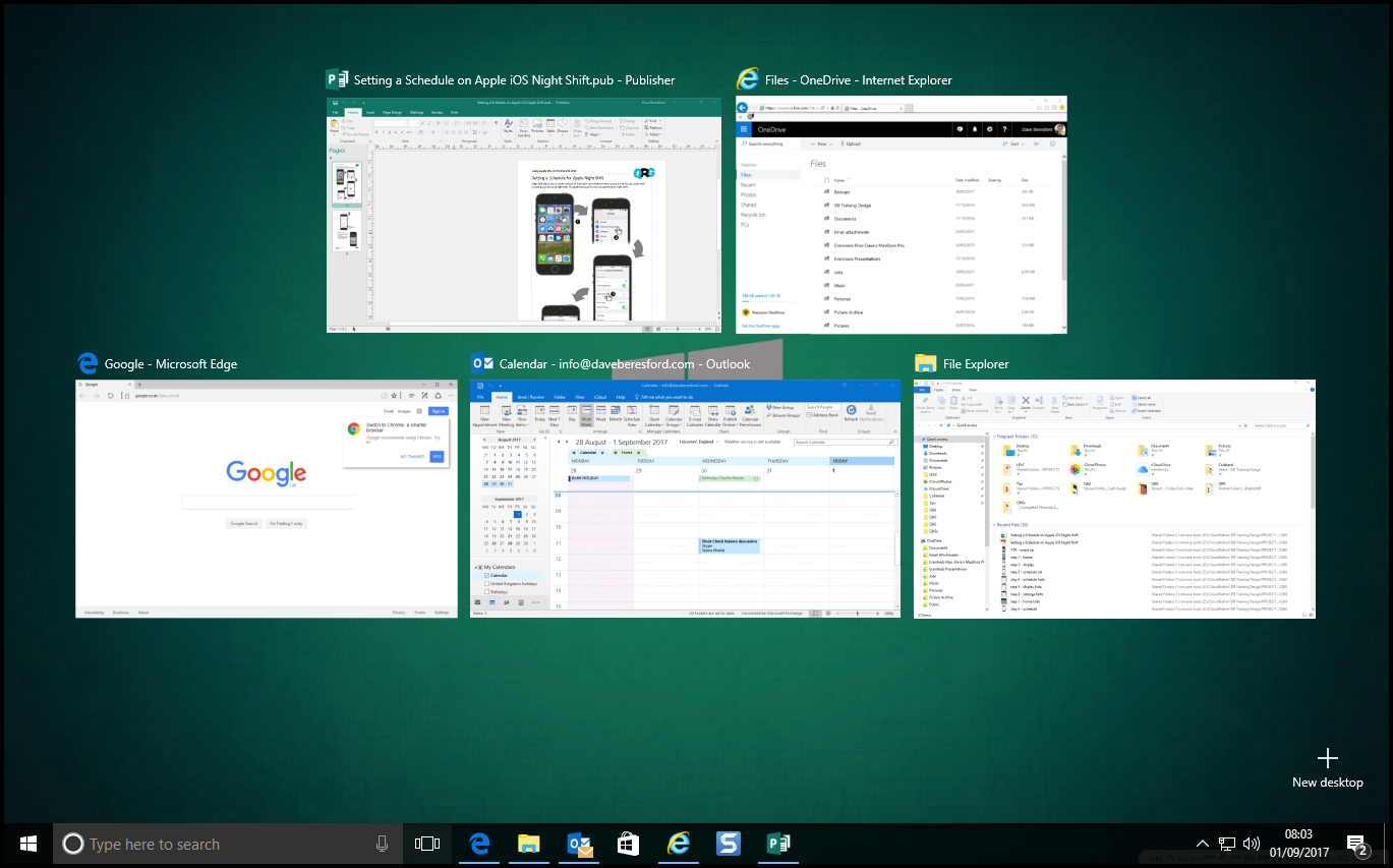 A screenshot of Task View with 5 apps running 