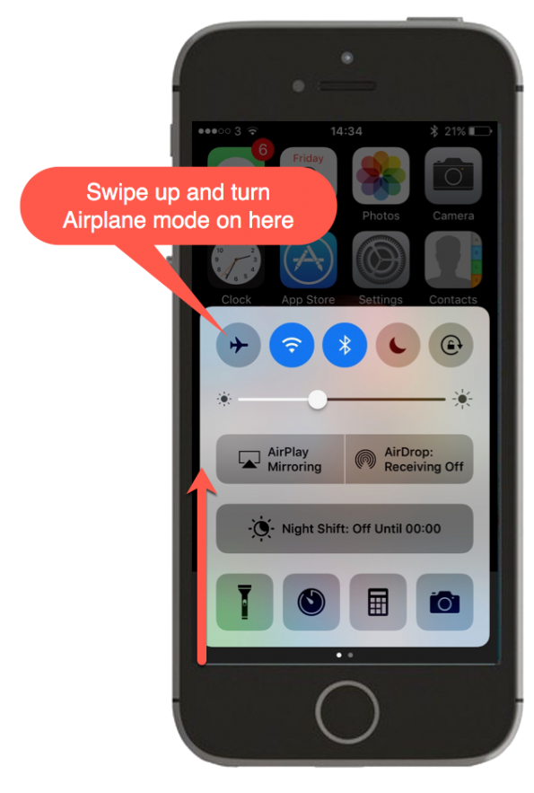 Screenshot showing how to turn airplane mode on