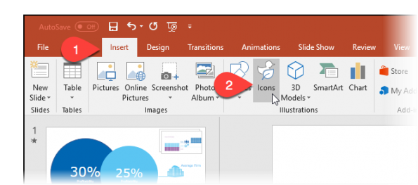 Screenshot showing how to select Insert - Icons in PowerPoint