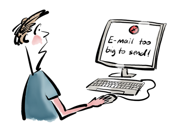 Cartoon showing a computer telling you the mail is too big to send