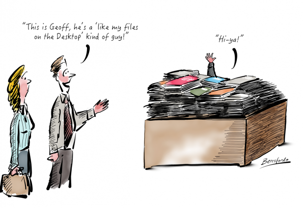 Cartoon showing a guy with loads of files on his desktop