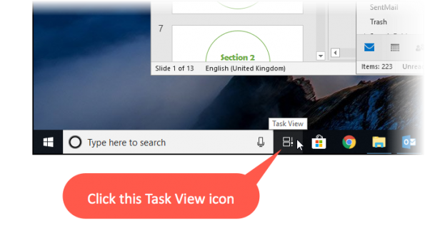 Screenshot showing the Task View icon being clicked