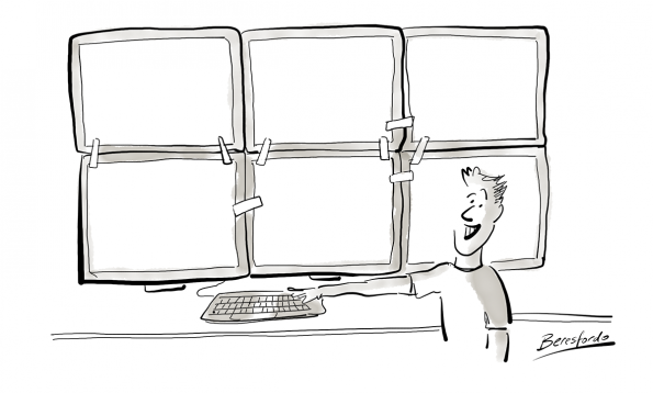 Cartoon of a guy with lots of screens