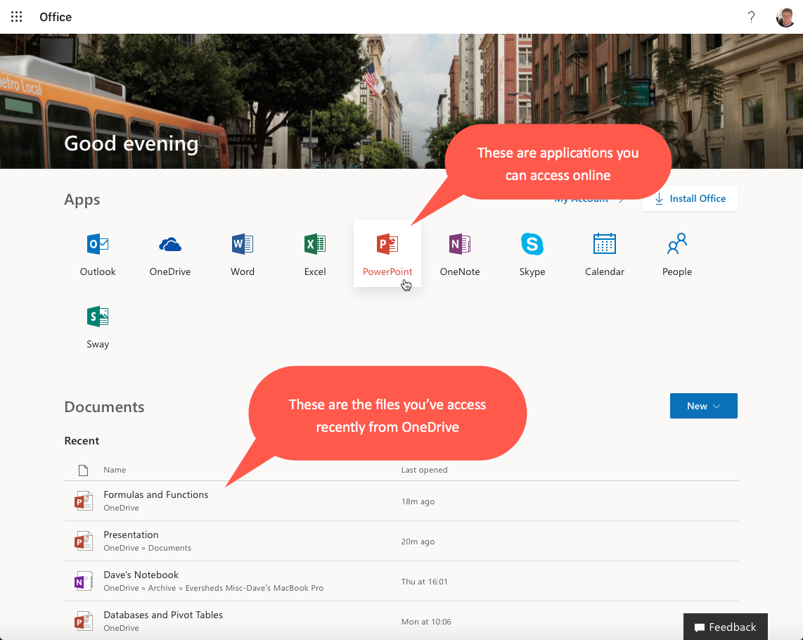 Home page of Office 365 online