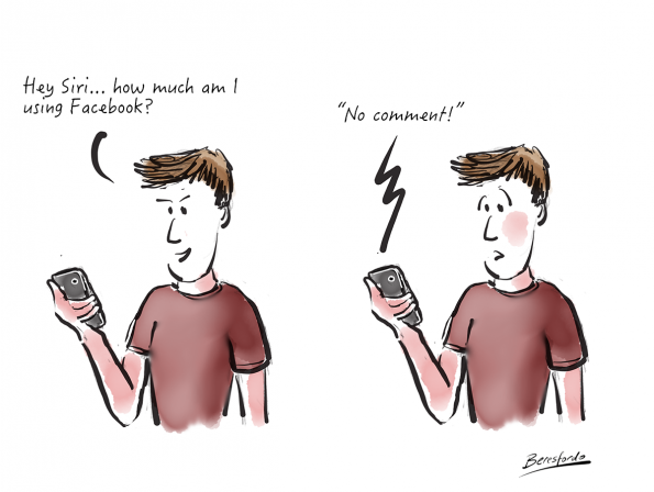 A cartoon showing a guy asking Siri how much he uses Facebook - Siri says "no comment"