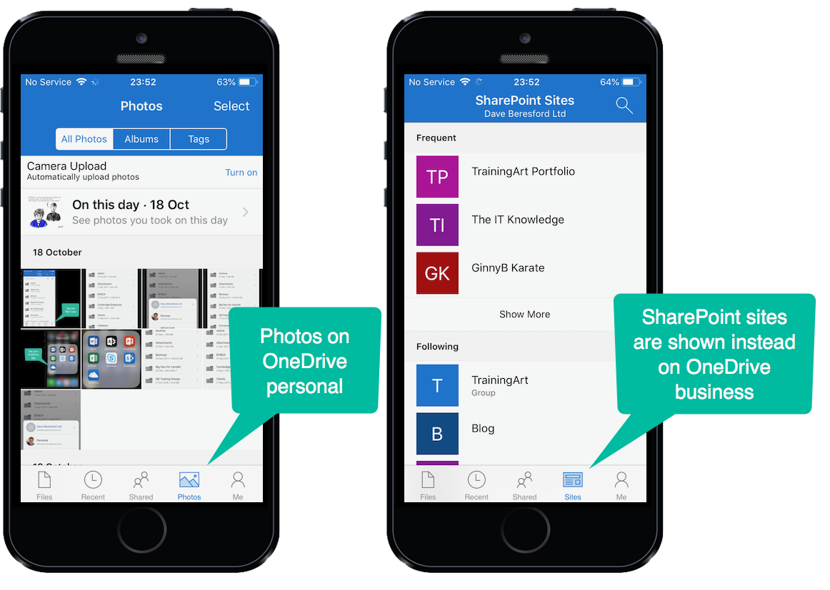 The difference between OneDrive personal and OneDrive business