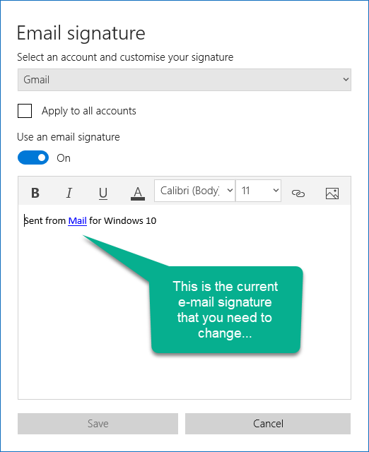 Screenshot showing existing e-mail signature in Windows Mail