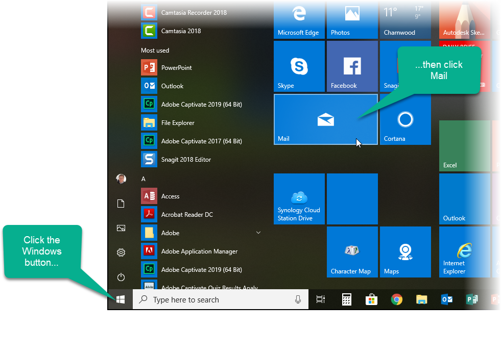 Screenshot showing how to start Windows mail from the Start meniu