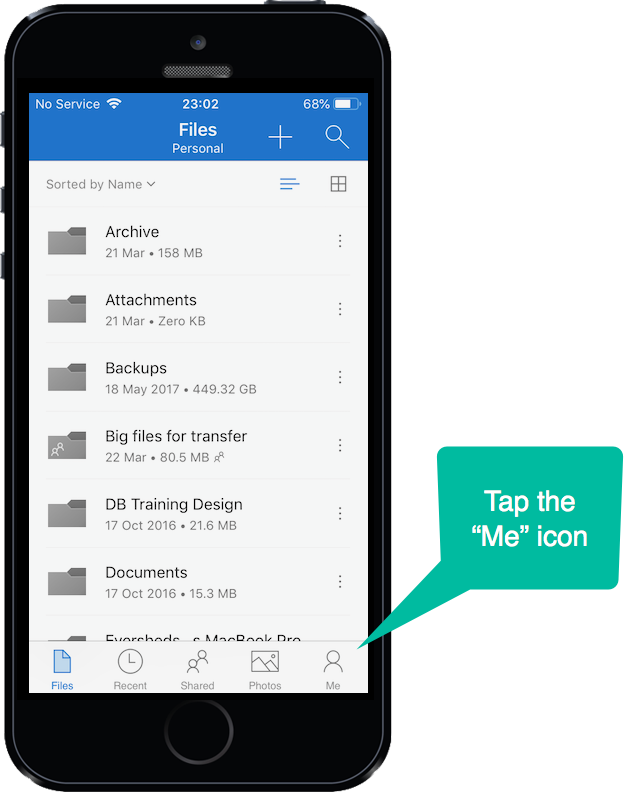 Tapping the Me icon in OneDrive