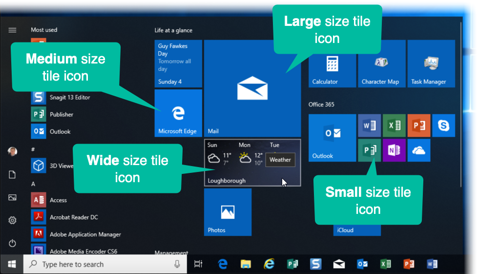 Different sizes of tile icons on the Start menu
