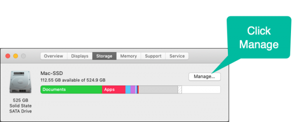 Click Manage on the Storage dialog
