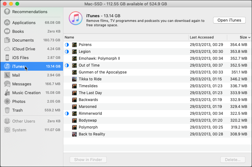 iTunes storage screenshot