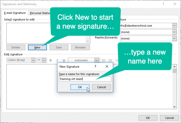 screenshot showing how to start a new signature
