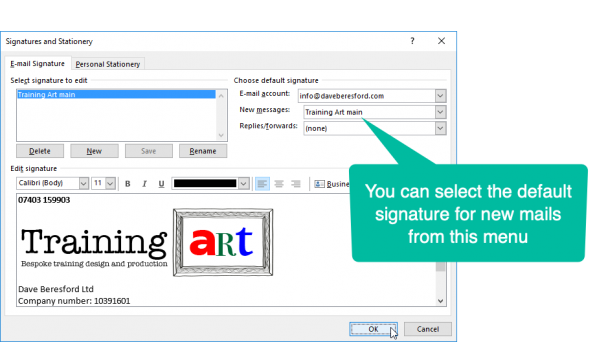 Selecting the default signature for new emails