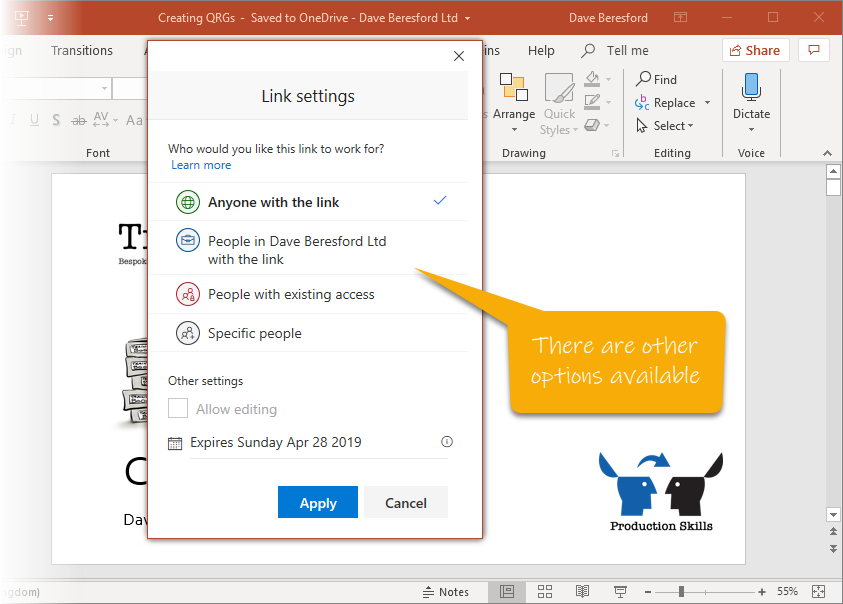 Links settings for sharing on a OneDrive Business