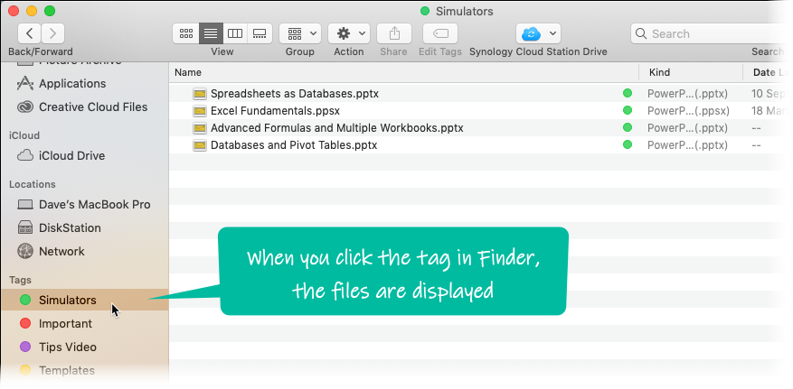 Tagged files shown after clicking the relevant tag in Finder