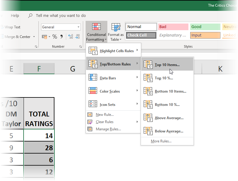 Selecting Top and Bottom Rules from the Conditional Formatting menu