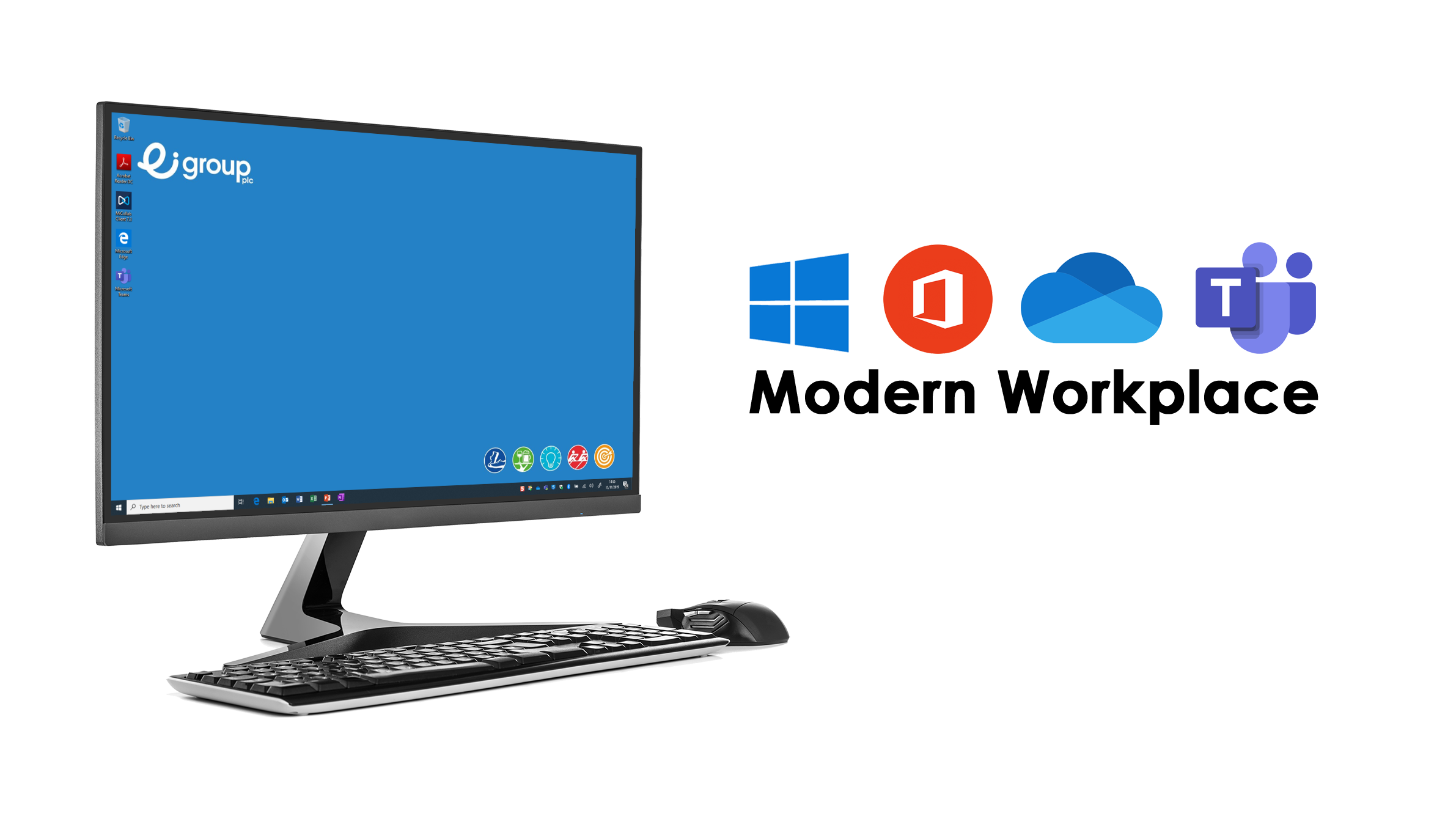Modern Workplace logo and computer showing desktop