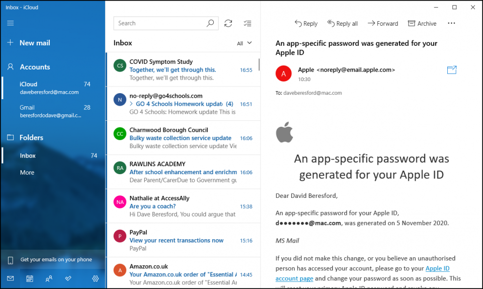 Windows 10 Mail with 2 accounts set up