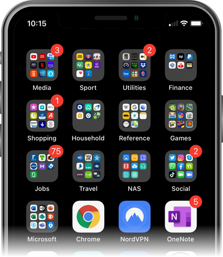 Screenshot of folders on an iPhone home screen